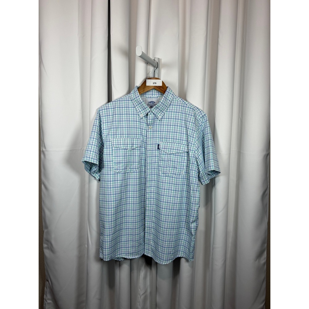 AFTCO Mens Blue Green Plaid Short Sleeve Fishing Shirt Vented Size Medium